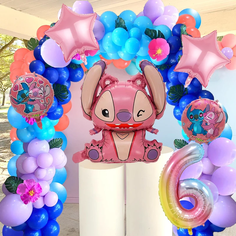 6 Pcs Pink Stitch Foil Balloons Set Digit 1-9 Years Old Balloons Cartoon Stitch Themed Baby Shower Kids Birhday Party Decoraions