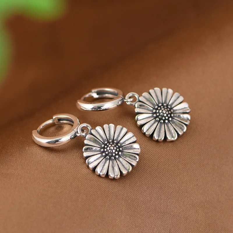 BOCAI S925 Sterling Silver Charm Drop Earrings for Women Retro Daisy Sunflowers Ear-drop Elephant Fashion Jewelry Wholesale