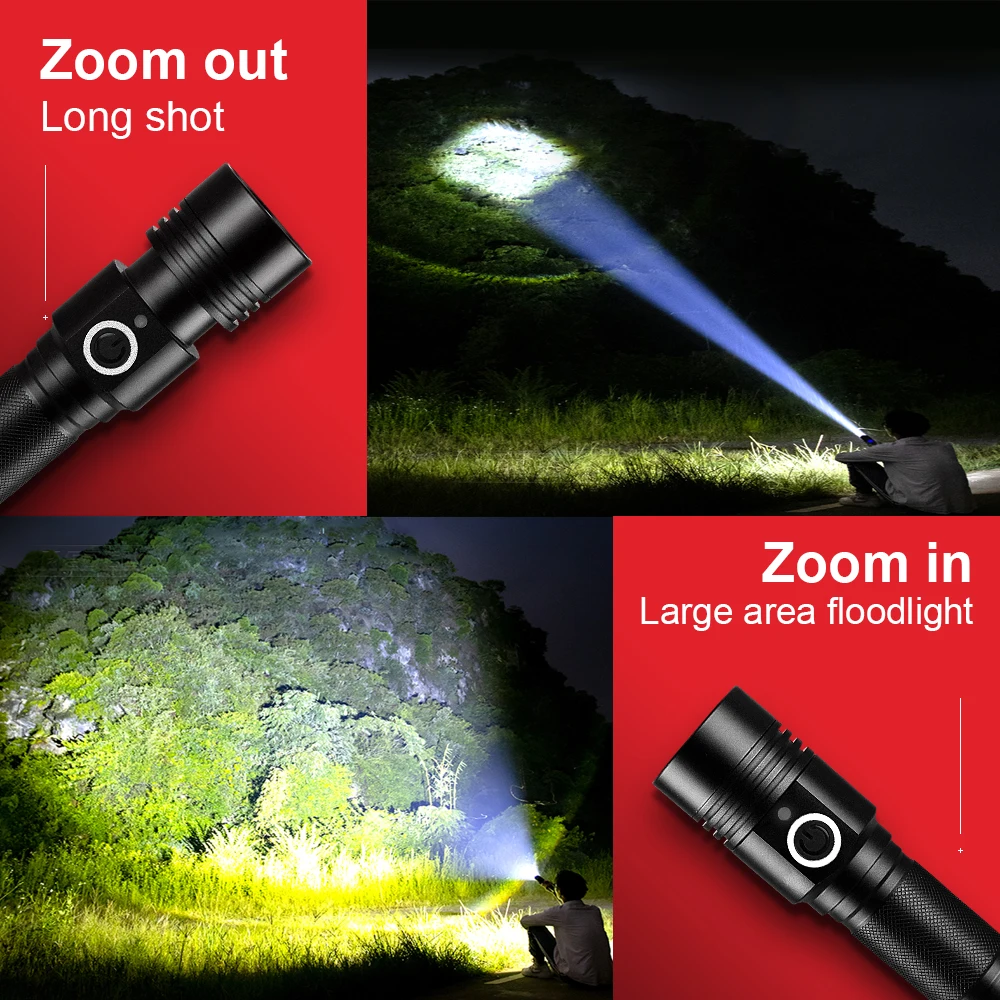 Super Bright USB High Power Rechargeable LED Flashlight XHP50 LED Zoom Torch Portable Lantern 4 Modes Home Outdoor Hand Lamp