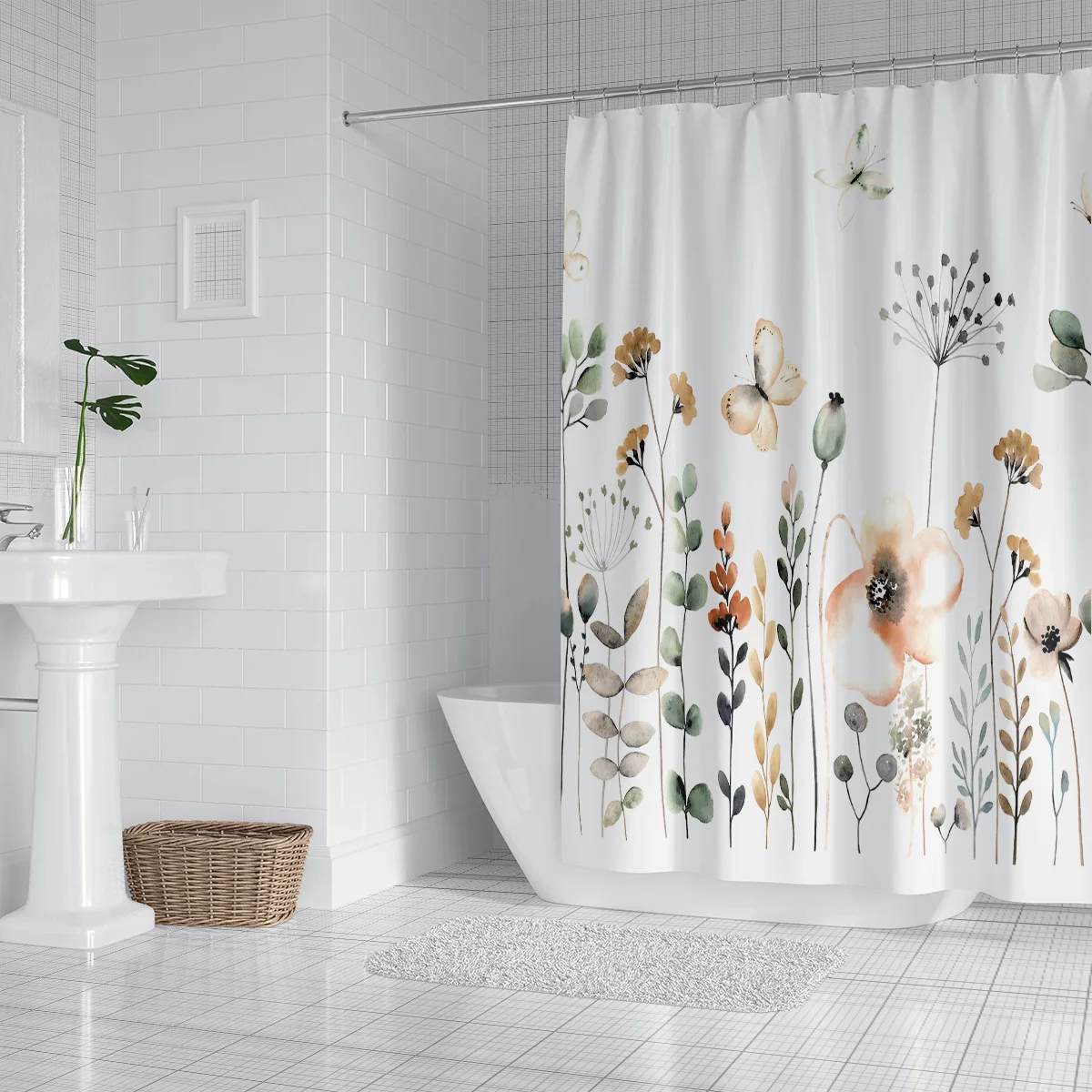 1PC Freshness Flower Series Shower Curtain,3D Embossed Washable Waterproof Shower Curtain,12 hooks,Family Bathroom Decoration