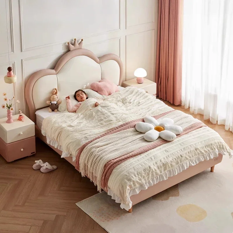 120 to 150 cm Pink Crown Minimalist Children Bedroom Princess Bed Bedroom Furniture Leatherette Beds Optional Mattress Options