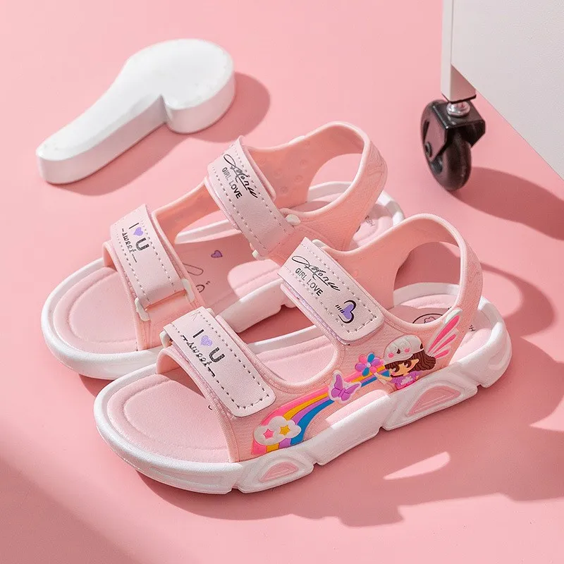 

Adorable Rainbow Summer Children's Slippers Soft Bottom Princess Style Simple Magic Tape Sandals Waterproof Cowhide Leather