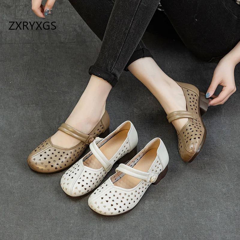 

ZXRYXGS Spring Summer Women Genuine Leather Shoes Hollow Breathable Sandals 2025 New Thick Mid Heels Mother Banquet Shoes Tide