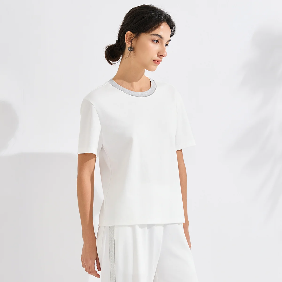 KX9613751 Luxury 100% Cotton T-Shirt Women's Contrast Ribbed Neck Short Sleeve Top Designer Slim Fit Office Lady Tee
