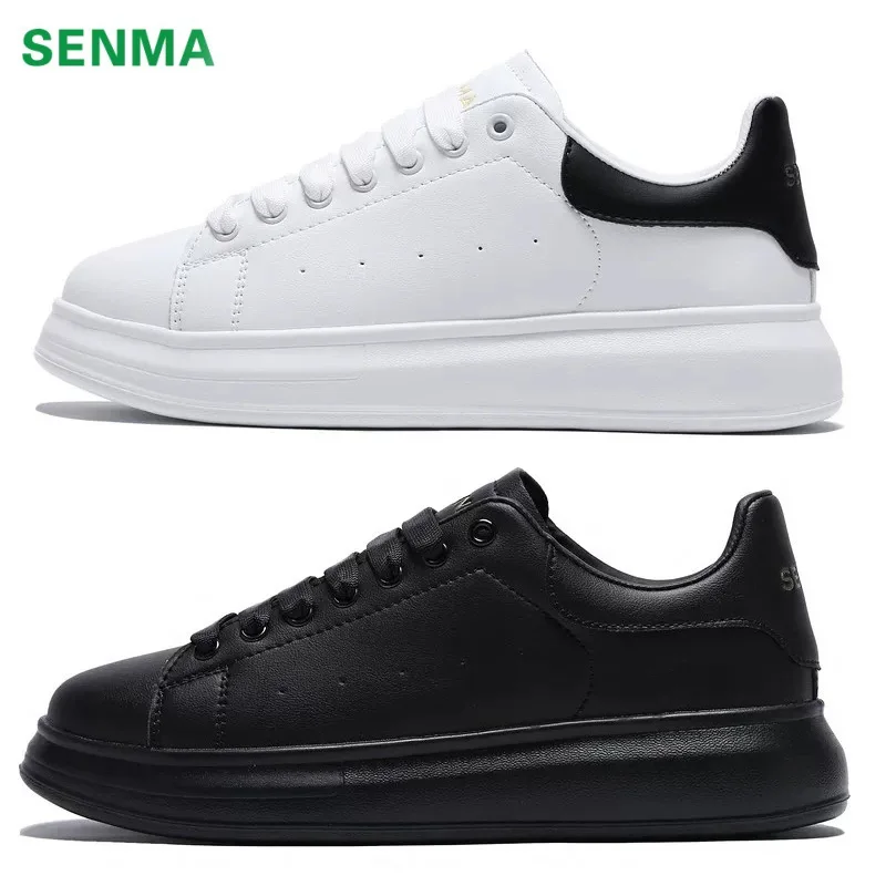 Senma White Leather Women Casual Shoes New Men Vulcanized Sneakers Flats Shoes Board Shoes Couple Tennis Shoes Sports Shoes