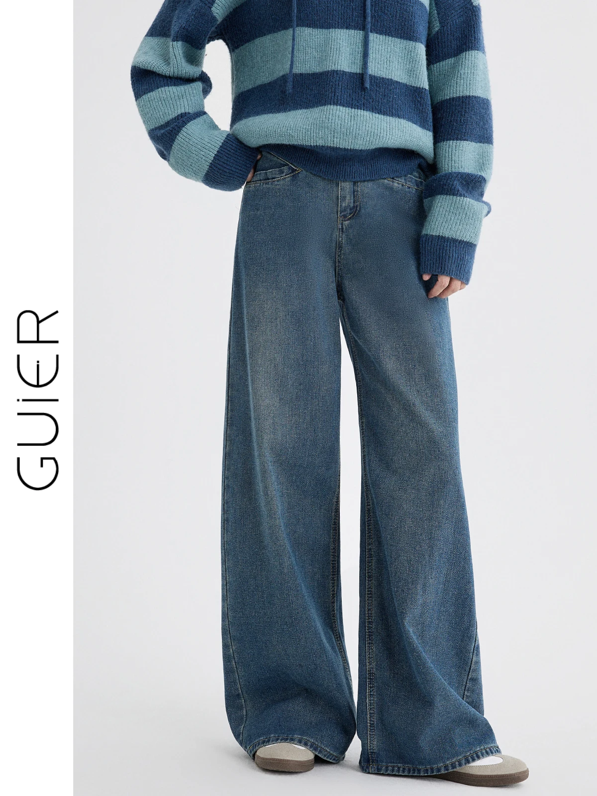 

Синие джинсы с высокой талией и прямыми штанинами, женские, весенние, новые, с двумя пуговицами, в стиле ретро, свободные, широкие брюки, повседневные, винтажные, джинсовые