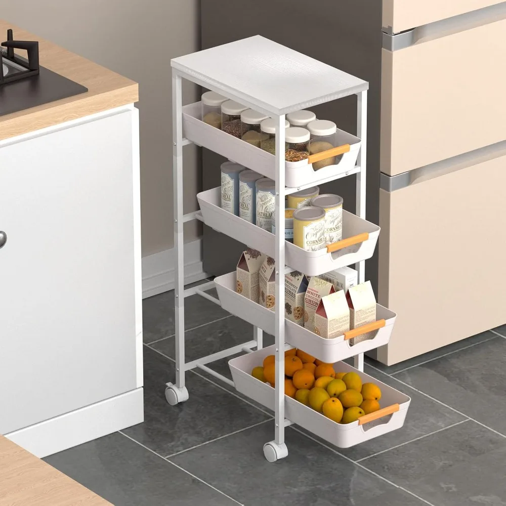 

5 Tier Slim Rolling Utility Cart with Drawers Pull-Out Design Slim Storage Cart with Metal Frame and Wooden Top for Narrow Space