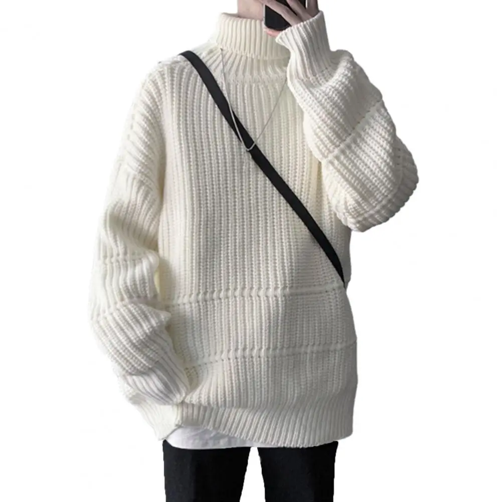 

Men's Sweater High Collar Sweater Warm Knitted Mid Length Pullover with Neck Protection Elastic Pullover