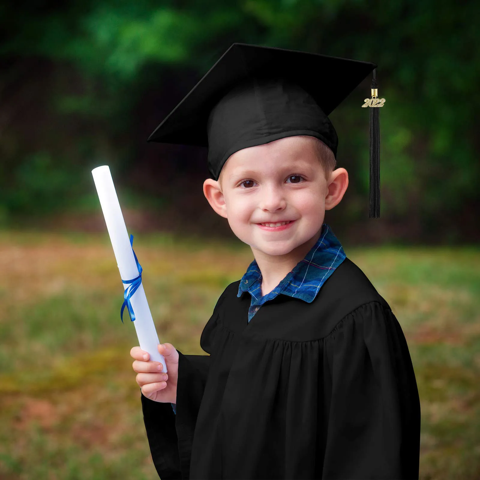 Conjunto de vestido acadêmico infantil, uniformes escolares infantis, pré-escolar, jardim de infância, vestido de graduação, xale, chapéu borla, moda, 2024