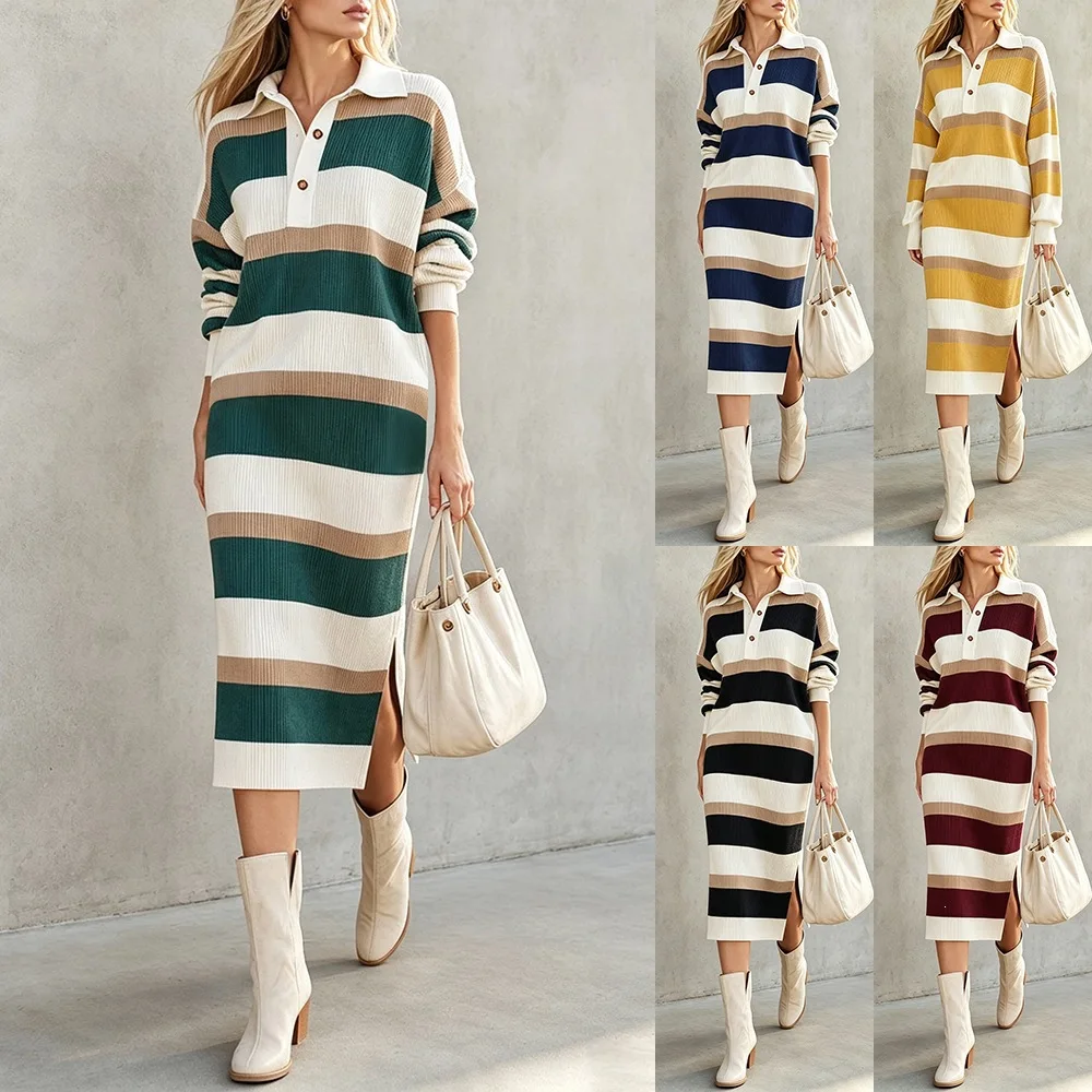 Women Striped Sweater Dress Polo Collar Ribbed Knit Midi Dress Long Sleeve Loose Casual Split Hem Jumper Dress Fall Winter New