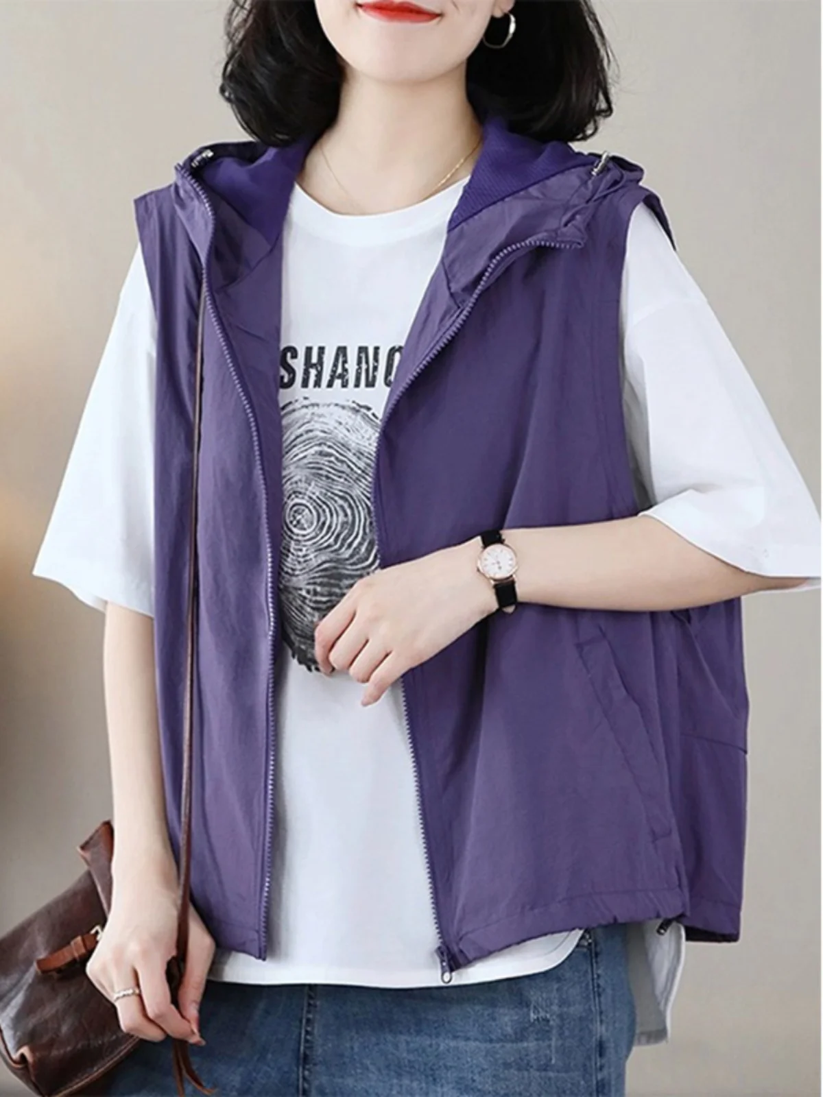  Hooded Windproof Jacket Women's Summer New Casual Commuting Simple Loose Versatile Zipper Sleeveless Vest