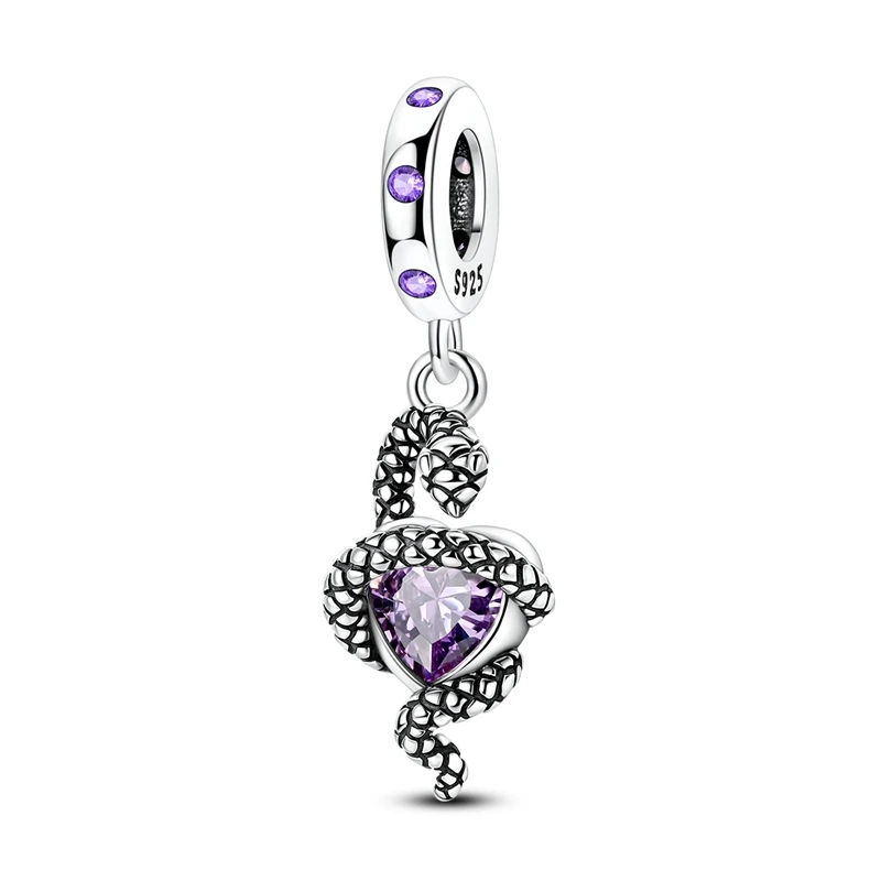 925 Sterling Silver Snake Charms Bead CZ Zircon Pink Love Heart Dangle Fit Original Bracelet DIY Women Jewelry