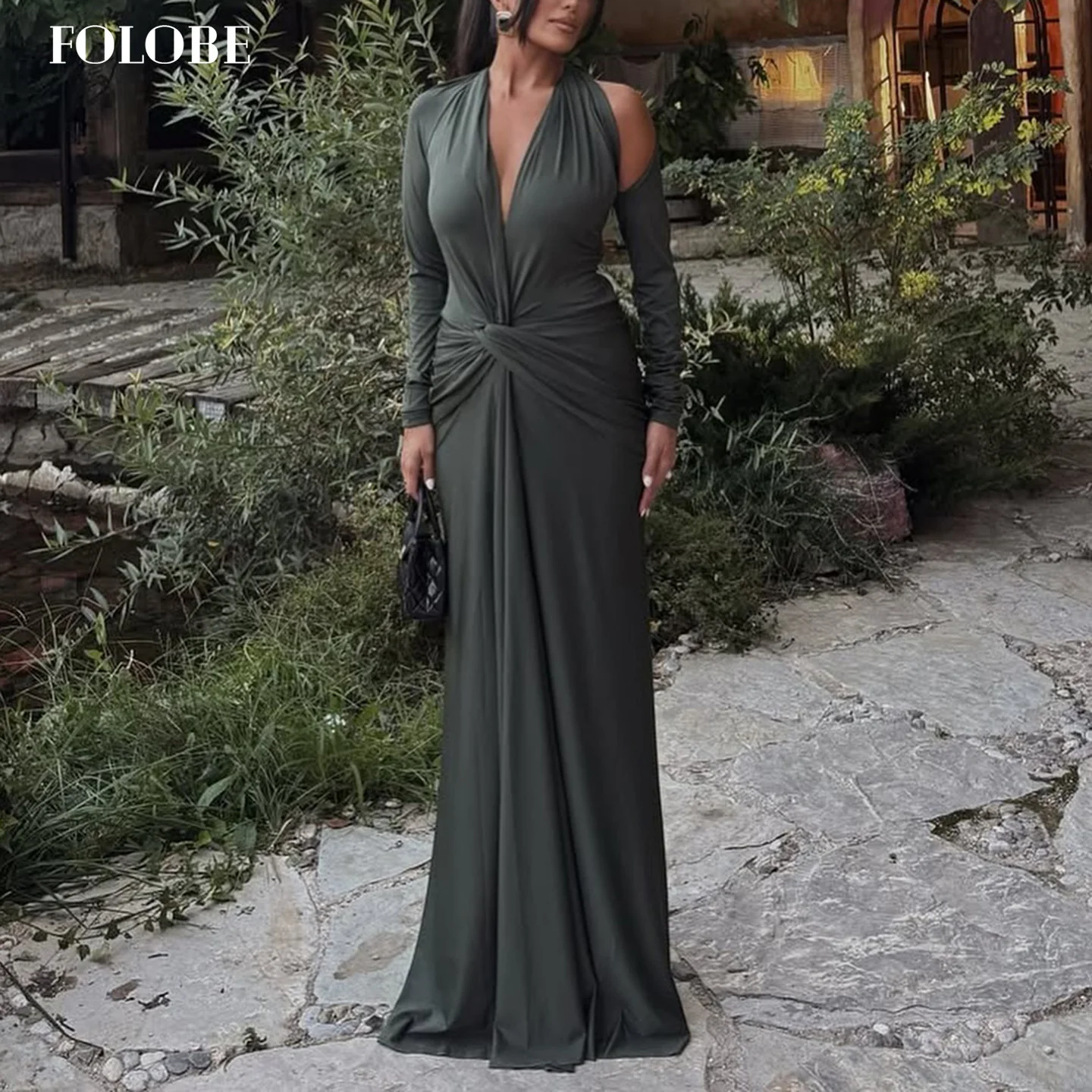 FOLOBE V 넥 간단한 이브닝 드레스 인어 풀 슬리브 그린 플리츠 댄스 파티 드레스 여성용 인어 웨딩 드레스 맞춤형