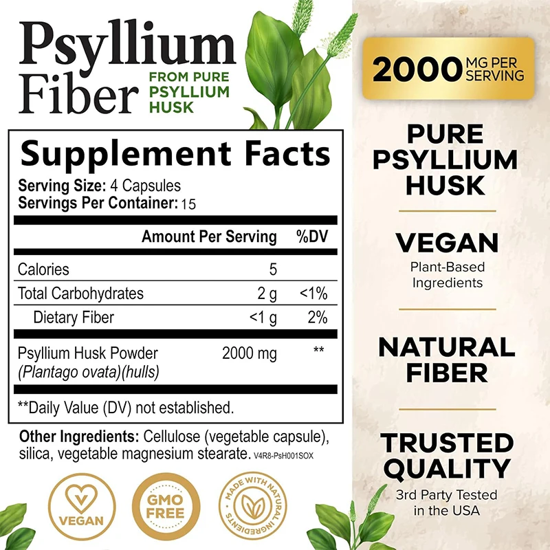 Plantago Asiatica Shell 1450mg, High-quality Natural Soluble Fiber Supplement,helps Support Digestion and Regularity,60 Capsules