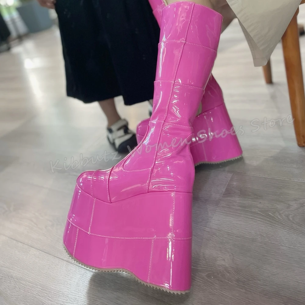 Rainbow Knee High Boots Platform Sweet Fashion Novelty Sexy Genuine Leather Mixed Color Round Toe Wedges Women Shoes New Zippers