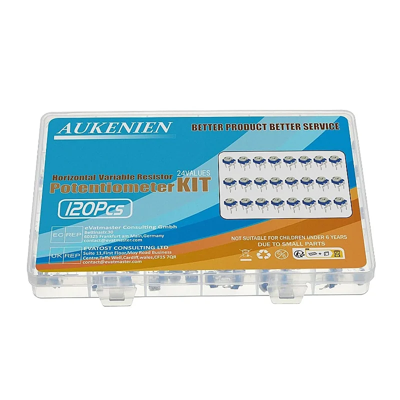 AUKENIEN 24 значения, 120 шт., потенциометр от 100 до 2 м, ассортимент переменного сопротивления, синие и белые горизонтальные резисторы, набор