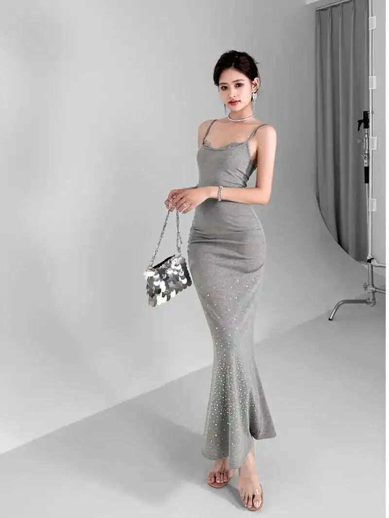 Impressionante estilingue francês com decote em v vestido feminino design sentido luxo fino temperamento em camadas rendas fishtail vestido longo sólido p3t2