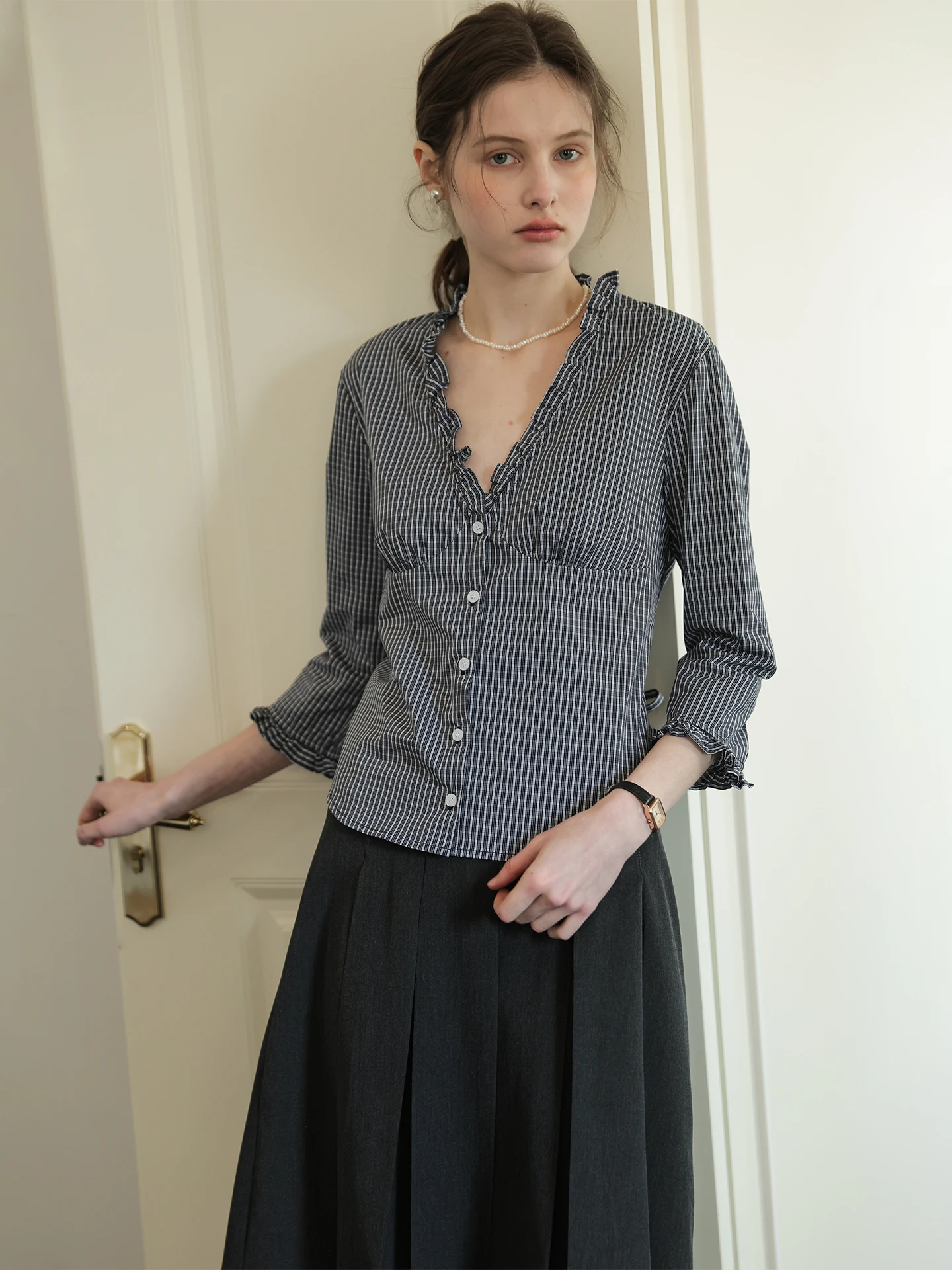 

Retro Lace Trim irt Women's Plaid Slim Fit V-Ne Button up Spring New Sle Cotton Polyester Blend Nine Sve Length