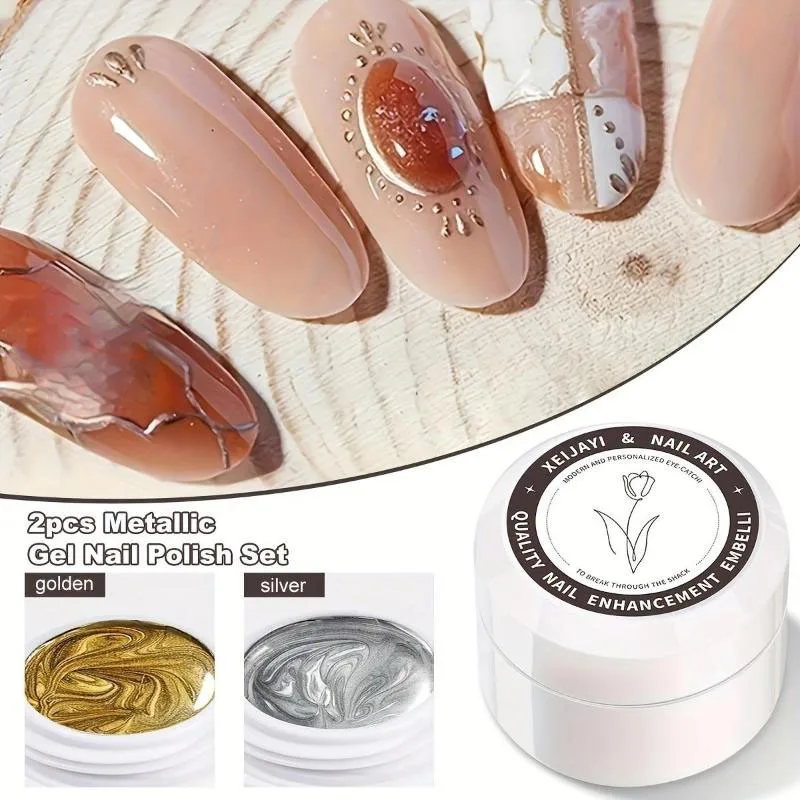 2Pcs Metallic Painted Gel Nail Polish 3D Professional Elastic Painted Glue Varnish Lacquer Drawing Glue Nail Art Decoration！.~