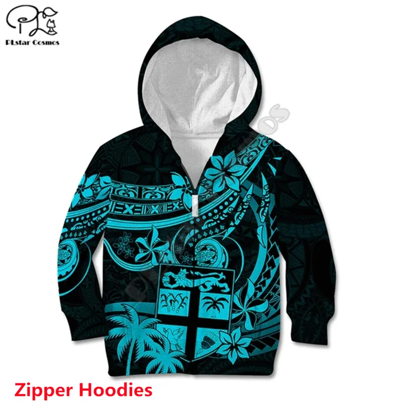 

Fiji Islands Kid Hoodie Coat of Arms Fijian Flower Polynesian Pattern-Aqua 3d printed Zipper Hoodies kids jacket boy For Girl