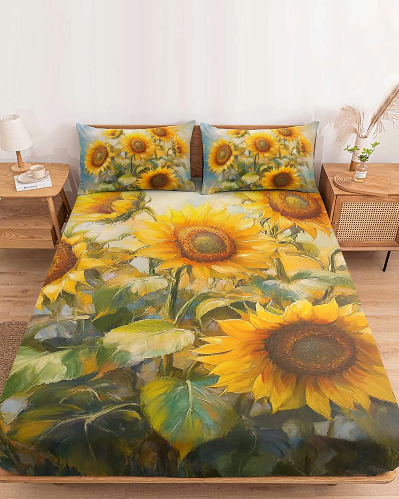 

Sunflower Watercolor Gradient Polyester Fitted Sheet Mattress Cover Four Corners Elastic Band Bed Sheet Pilllowcase