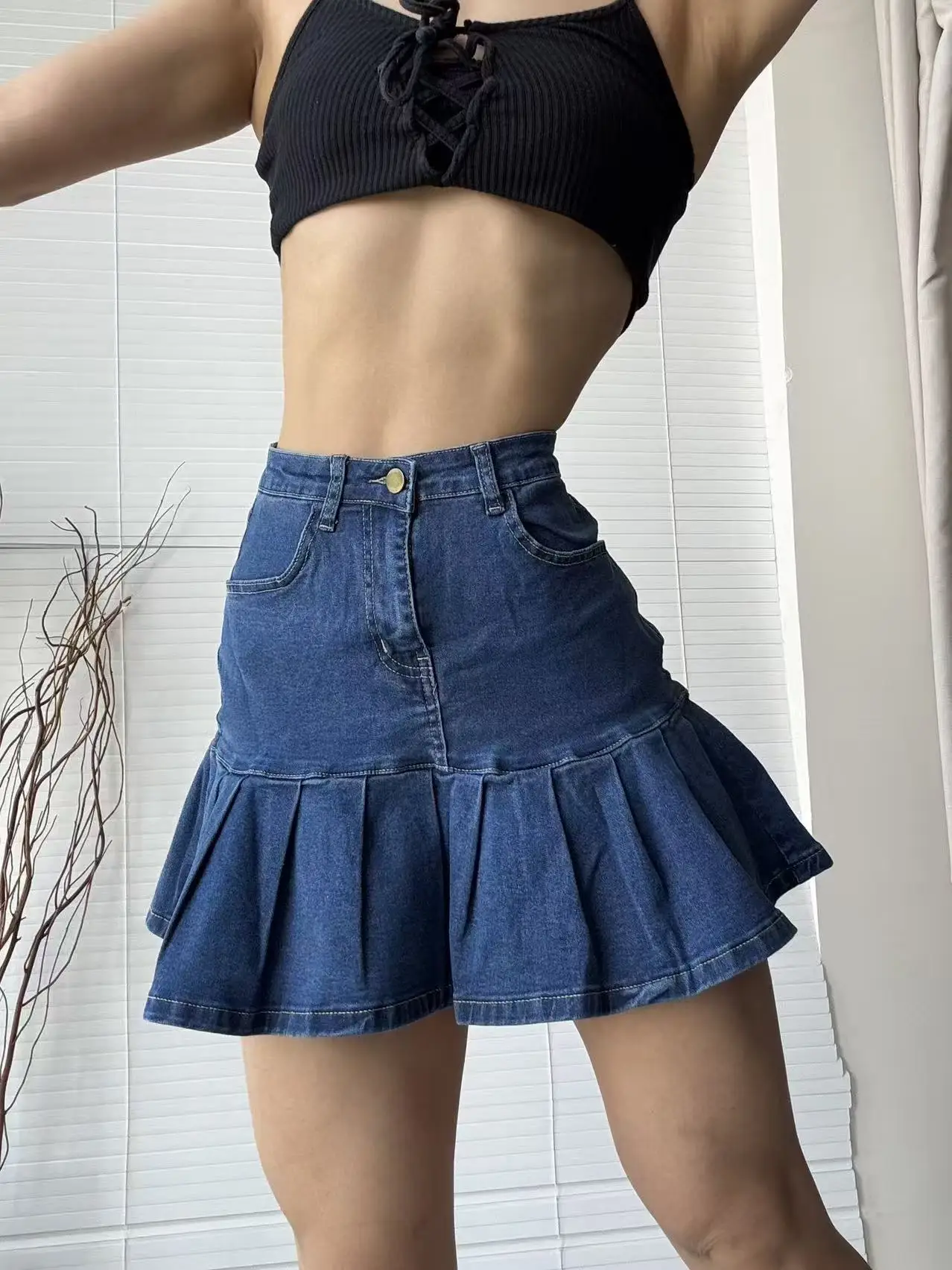 Sexy Pleated  Skirt High Waist Cotton Denim Women's Casual Slimming Zipper Elastic New Style Versatile Spring Autumn Skirt
