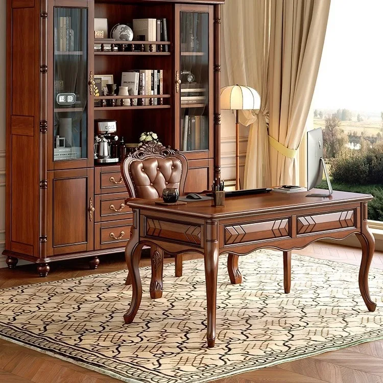 American retro rural solid wood desk and chair combination office boss table computer desk study light luxury writing desk