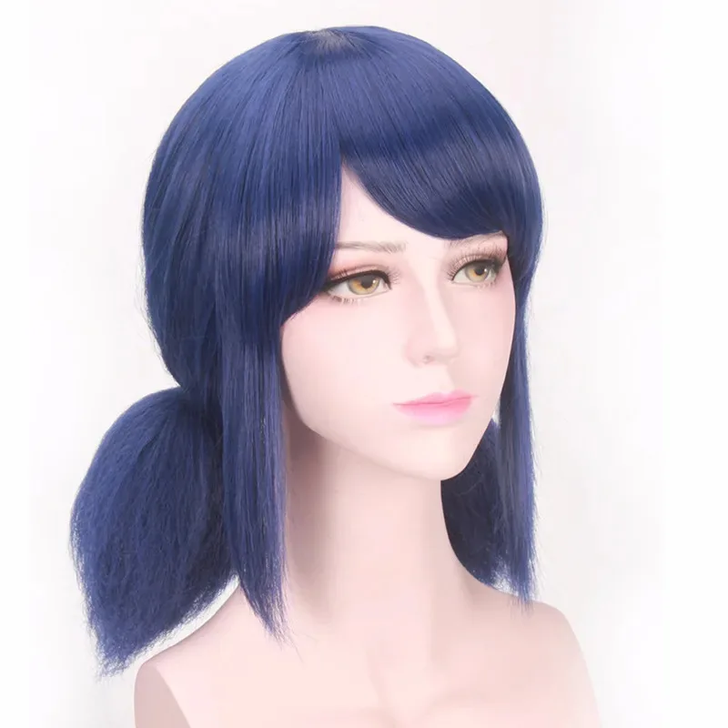 Anime lb perucas peluca marinette peruca cosplay duplo rabo de cavalo curto reto azul resistente ao calor perucas de cabelo sintético + peruca boné
