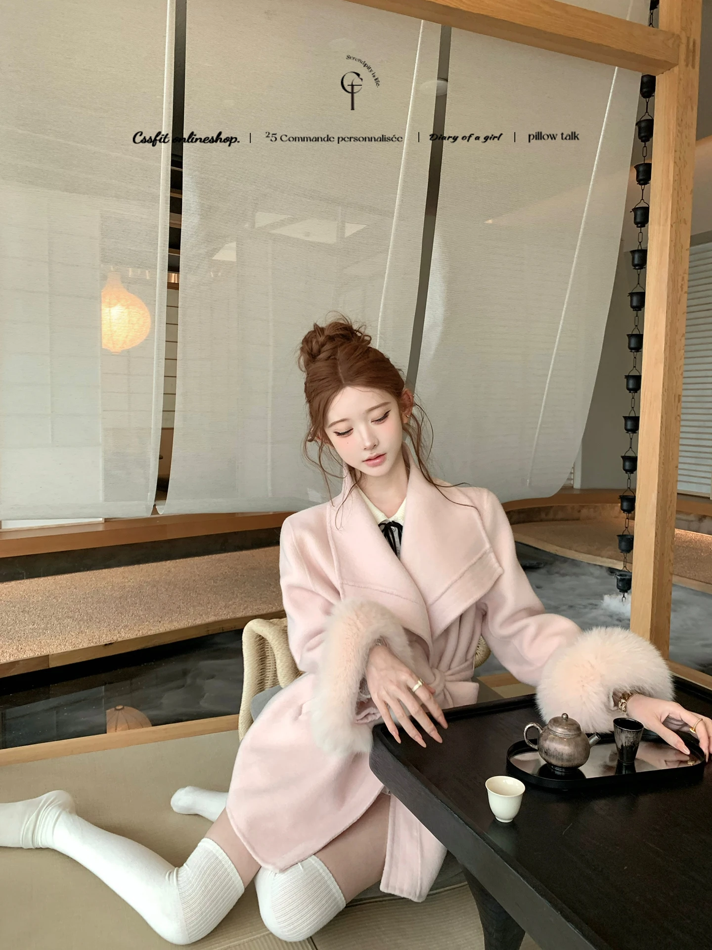 

00 Wool Fur Collar Coat in Pink And White Two Tone Youth Fem Commute Sle Thi Winter Outerwear Coat