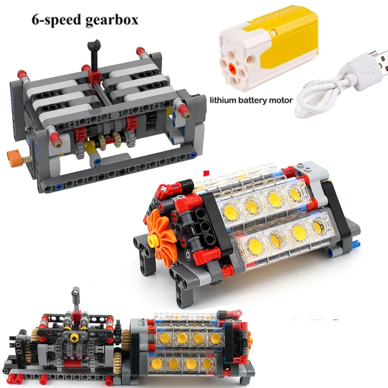 

MOC 6-speed Gearbox Technology Building Blocks Parts Differential Gears V16 Engine Transmission Compatible Motor Bricks Toys
