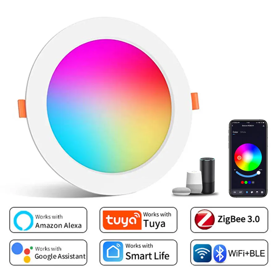 Zigbee-luz descendente LED inteligente con WiFi, foco redondo regulable, 5W, 7W, 10W, 15W, cambia de Color, Control por voz con Alexa y Google Home