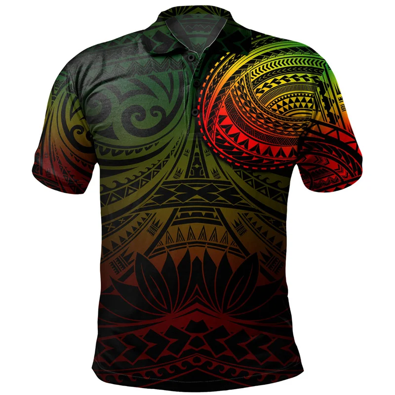 Summer Polynesian Tribal Pattern Polo Shirt For Men 3D Print Short Sleeves T-shirt Hawaiian Beach Button Loose Lapel T Shirts