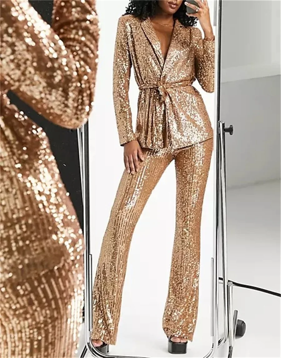 Costumes de mariage à paillettes scintillantes pour femmes, Blazer avec ceinture et pantalon, robe de soirée de bal sur mesure, tapis rouge formel, 2 pièces