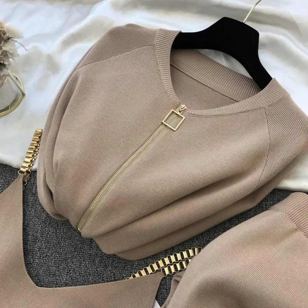 3 Pcs/Set Women Vest Coat Pants Set Solid Color Knitting Long Sleeves Zipper Placket Pure Color Coat Trousers Suit for Daily