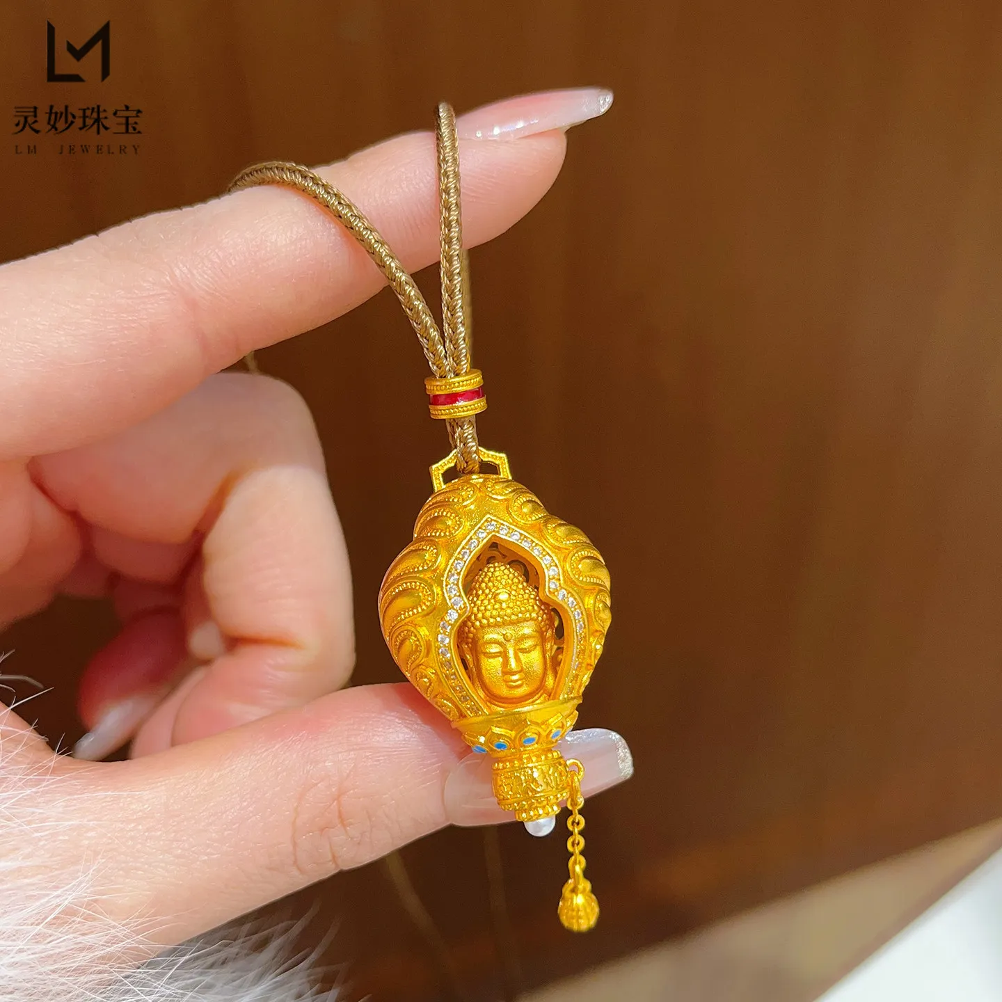 Shining Necklace Women's 24K Gold AU999 - Buddha Head Conch Pure Gold Pendant, AU999 Solid Gold, Diamond Inlaid Sparkle