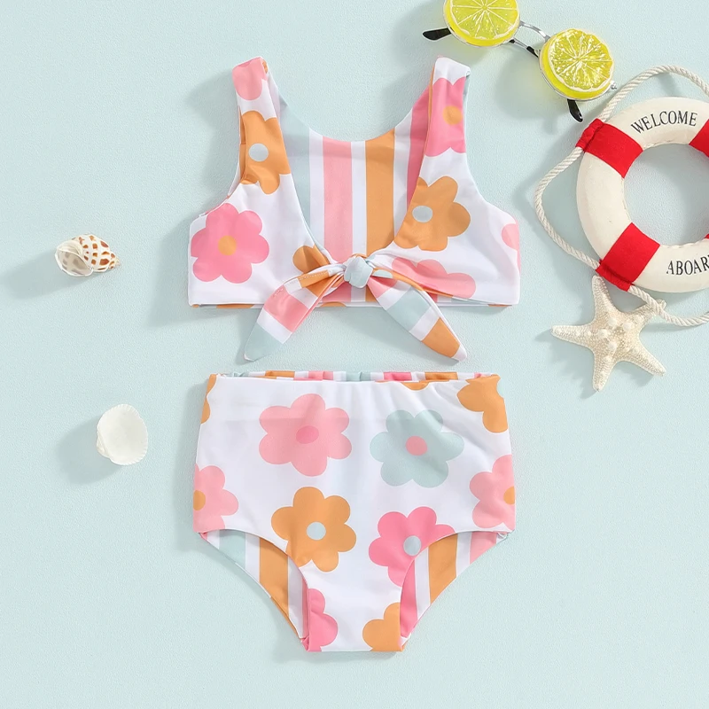 

Toddler Baby Girls Summer Swimsuit Floral Print Knot Front Tankini Tops Swim Shorts Swimwear 2 Pieces Bathing Suit Beach Bikini