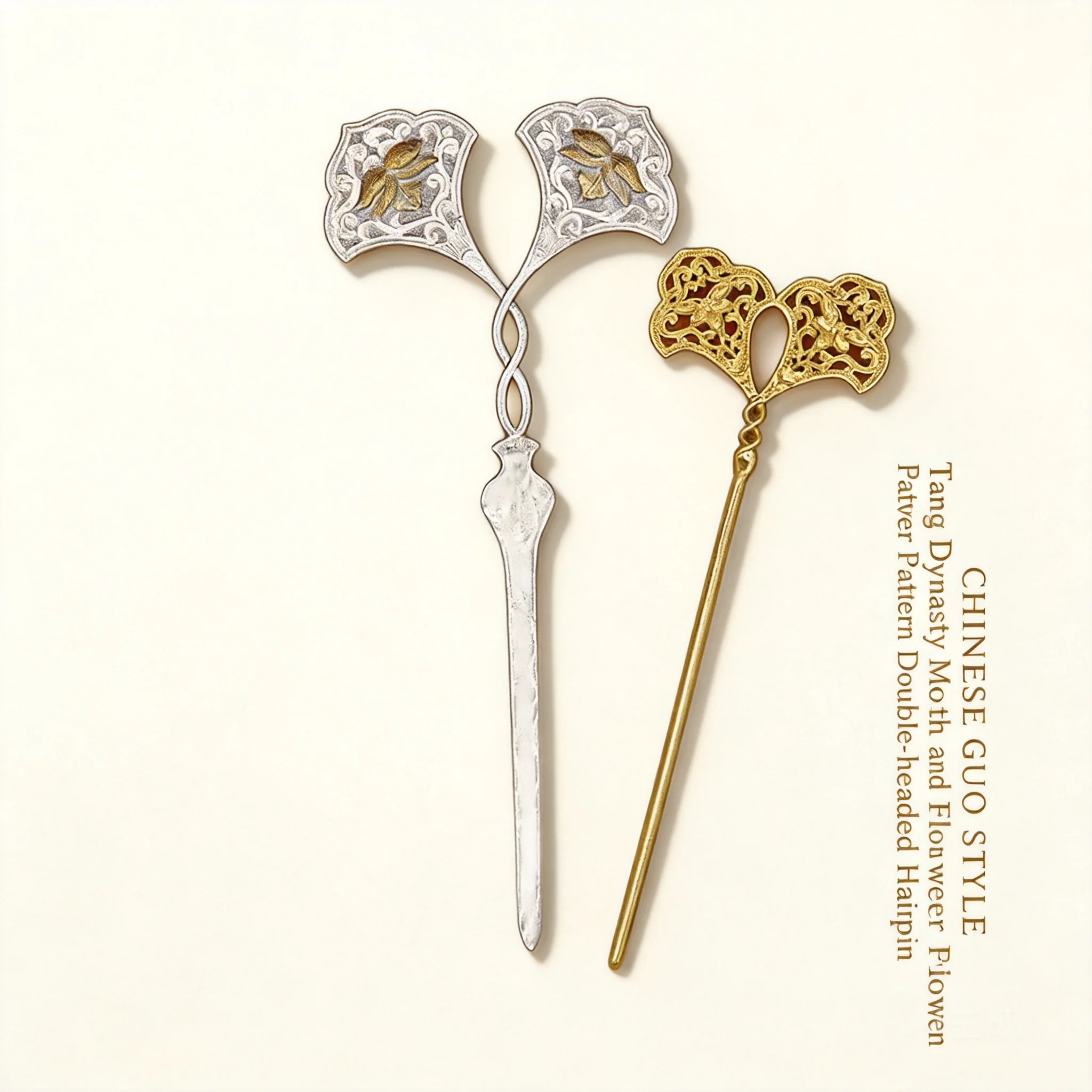 Traditional Chinese Auspicious Tang Dynasty Replica Moth Flower Pattern Double Headed Hairpin Gold Plated Two Tone Hanfu Hair