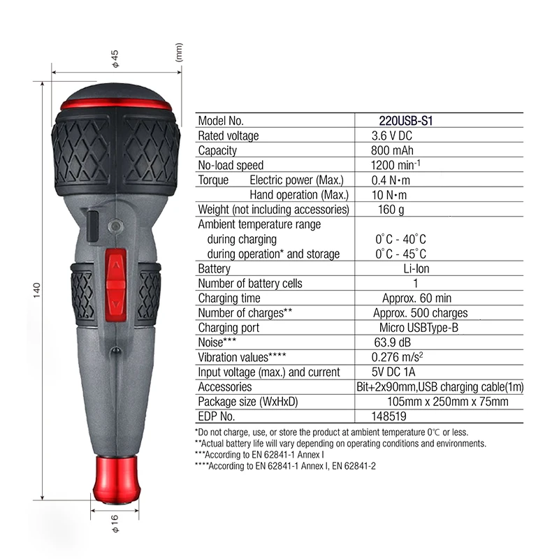 VESSEL Ball Grip Electric Screwdriver Cordless Screw Driver USB Rechargeable Professional Repair Power Tool 220USB-S1