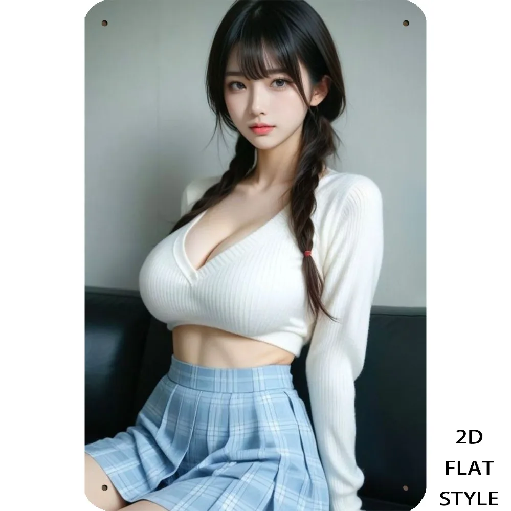 

2D Vintage Iron Sign: "White Sweater Girl & Blue Plaid Skirt", 8x12 Inches, Rustic Wall Decor for Study, Garage, Backyard.