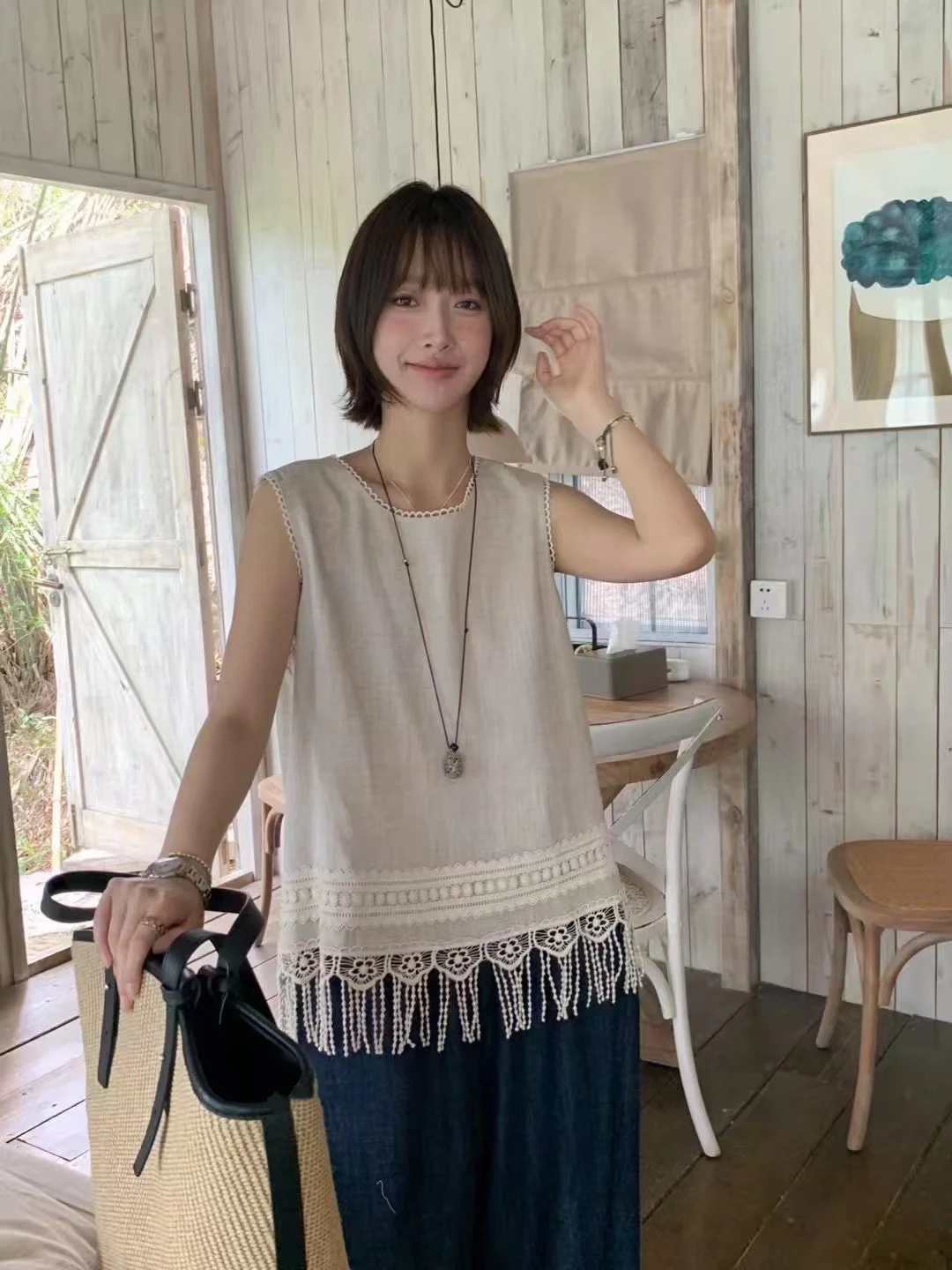 

Льняной жилет свободного кроя с круглым вырезом и бахромой, женская верхняя одежда, повседневный дизайн, топ без рукавов, этнический стиль, летняя мода