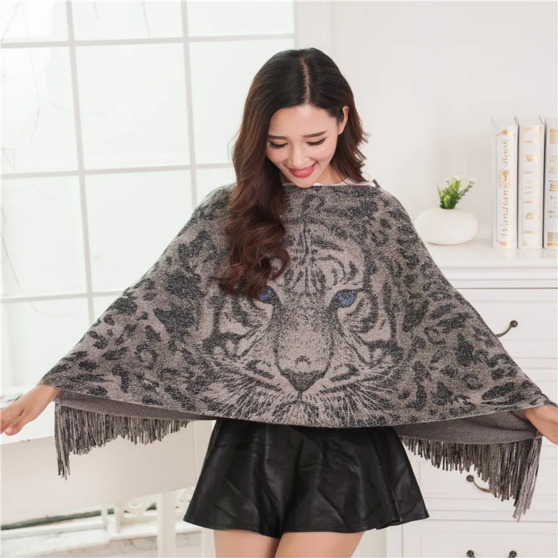 European American Street Leopard Women's Warm Knitting Bright Silk Tiger Head Spring Autumn Cape Lady Scarf Silver