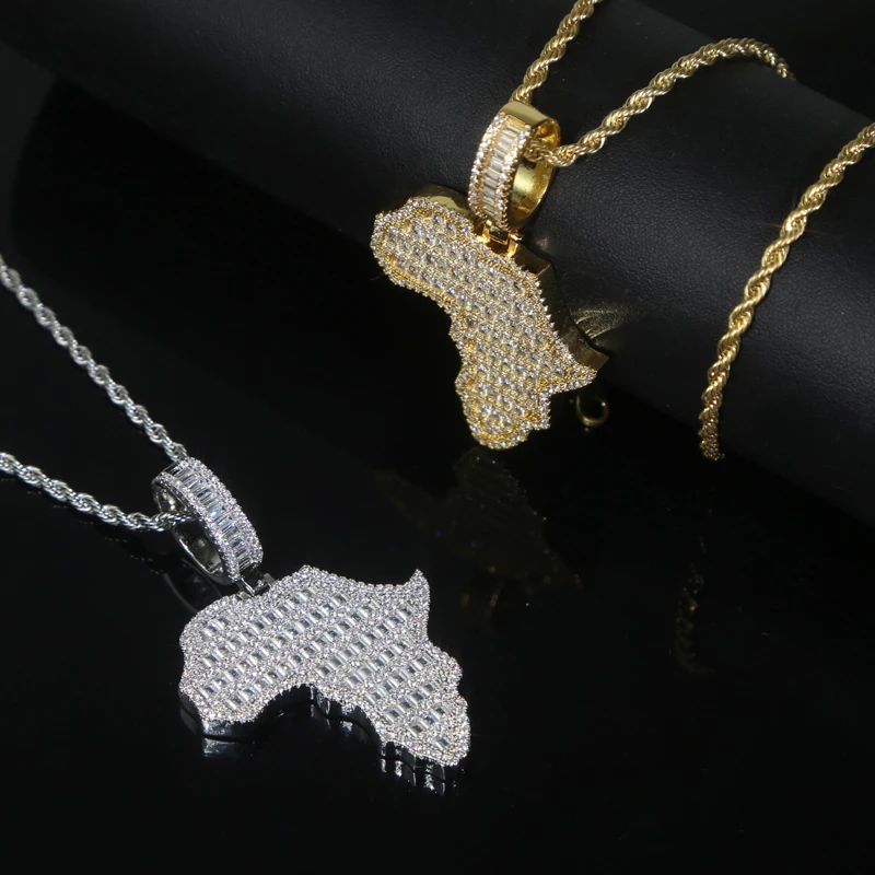 New Arrive Rectangle Cubic Zirconia CZ Paved Bling Africa Map Shaped Pendant Necklace Hip Hop Men Boy Cool Meaning Jewelry