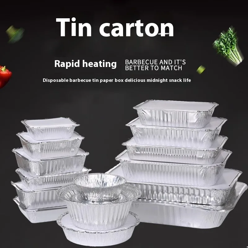 

Tin foil box with lid Outdoor barbecue Picnic Household baking Rectangle tin foil plate Disposable oven Tin foil bowl