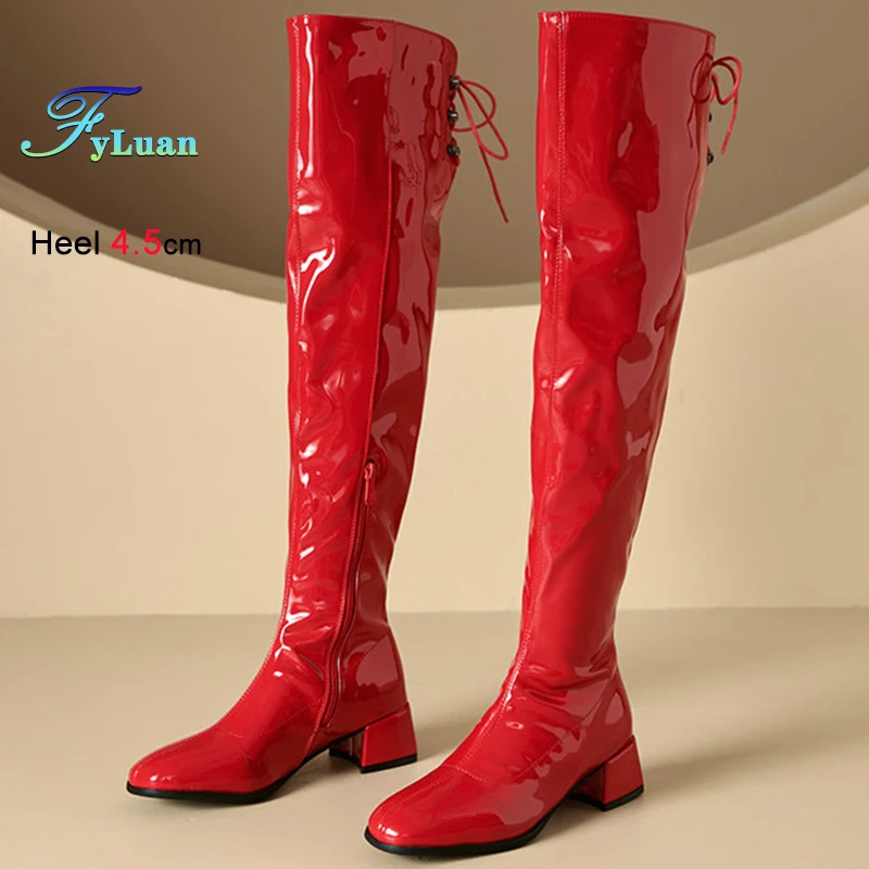 

Осенне-зимние женские сапоги выше колена с боковой молнией, длинные сапоги на толстом каблуке с плюшевой внутренней частью, яркие лаковые кожаные сапоги для танцев на пилоне