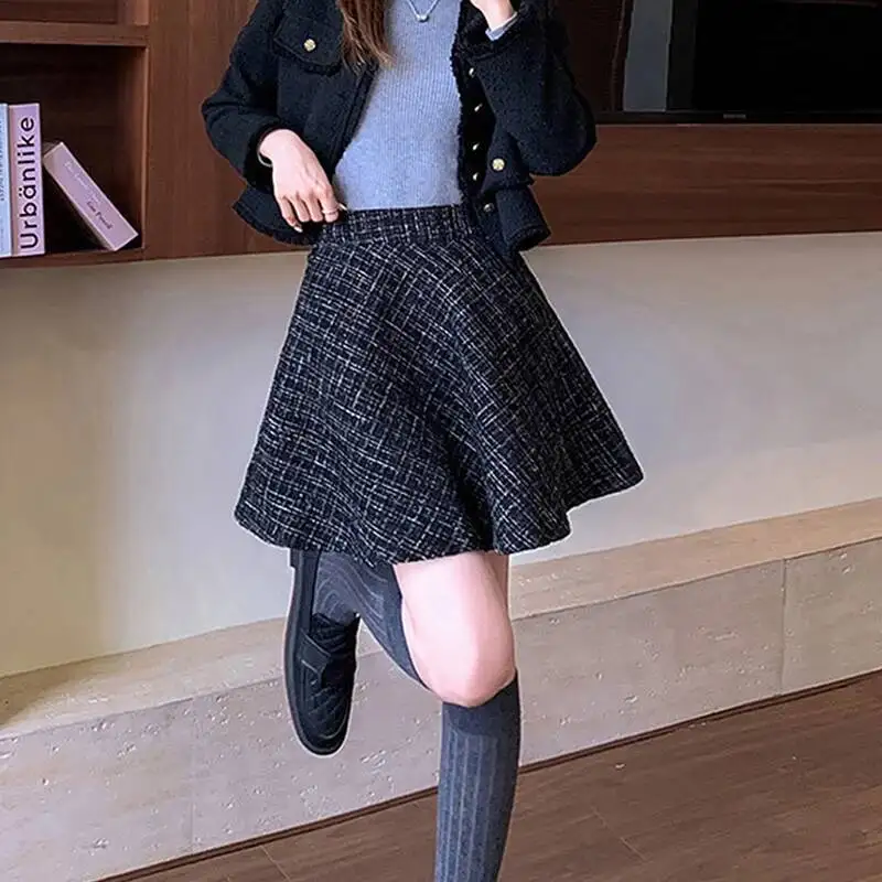 

Новые японские твидовые мини-юбки, женские элегантные темпераментные оборки трапециевидной формы, осень-зима, милая короткая юбка с защитой от воздействия