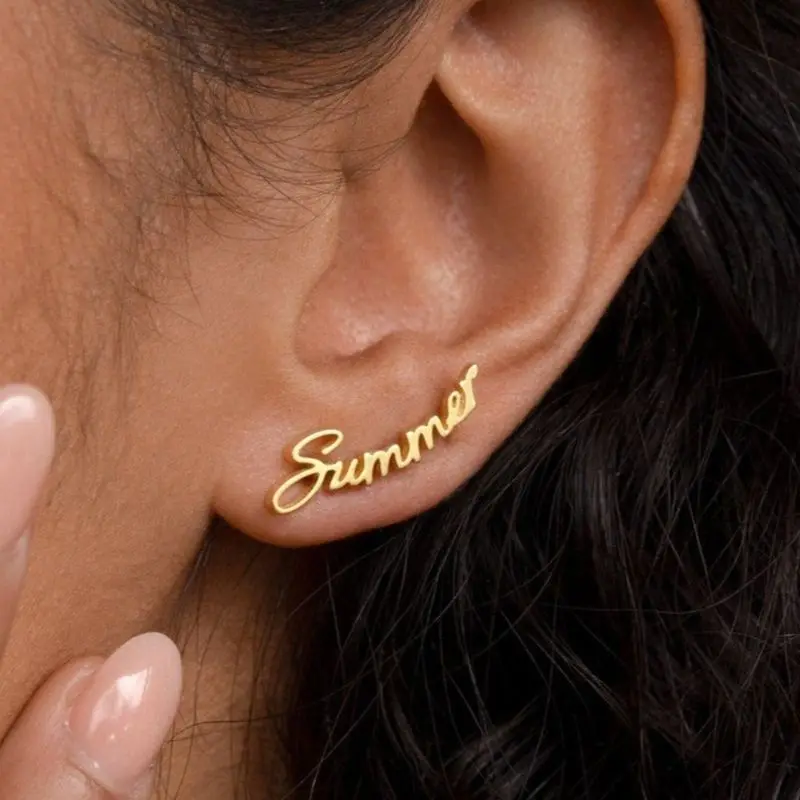 Personalized Gold Nameplated Earrings For Women Custom Script Letter Ear stud Jewelry Birthday Valentine's Day Gift