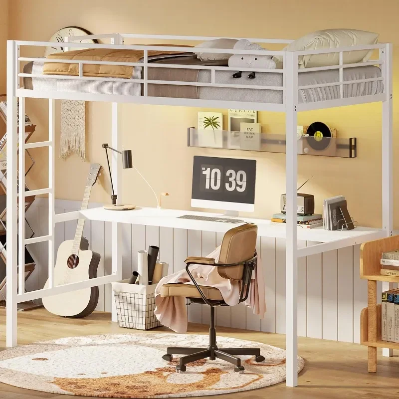 ZHENXIANG Loft Bed Twin Size with Desk, Metal Loft Bed Frame with Power Outlet and LED Lighted, Space-Saving, Noise Free