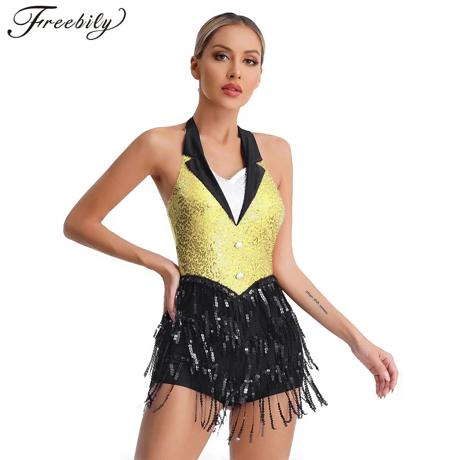 Womens Sleeveless Fringed Jumpsuit Sparkly Sequins Jazz Cha-cha Latin Dance Costume Halter Backless Tassel Leotard Dancewear