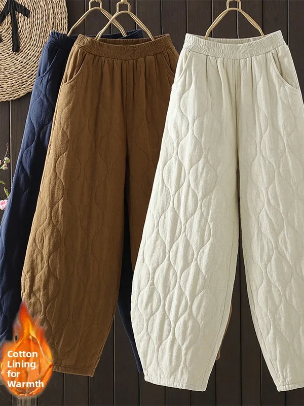 

Теплые повседневные хлопковые брюки с высокой талией и хлопковой подкладкой для больших размеров, женские зимние брюки для отдыха с фонариком