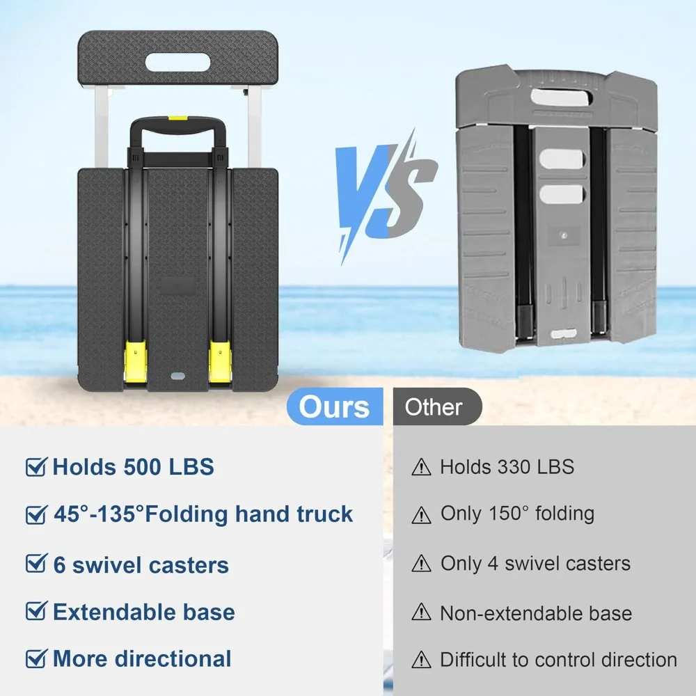 500 LBS Heavy Duty opvouwbare steekwagen met 6 wielen, telescopische handgreep en touwen voor verplaatsen, reizen, thuis